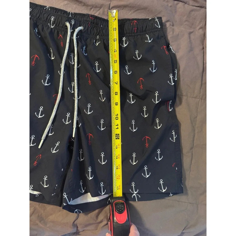 Rainforest Mens Navy Blue Anchor Print Swim Trunks Shorts Large